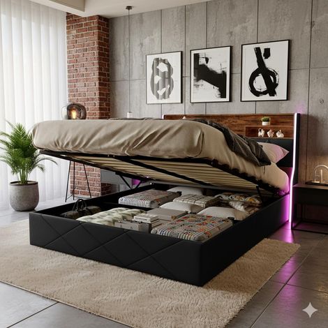 Doppelbett 140x200 cm Modernes Design mit Stauraum, USB-Anschlüssen und LED-Beleuchtung – Schwarzes Kunstleder