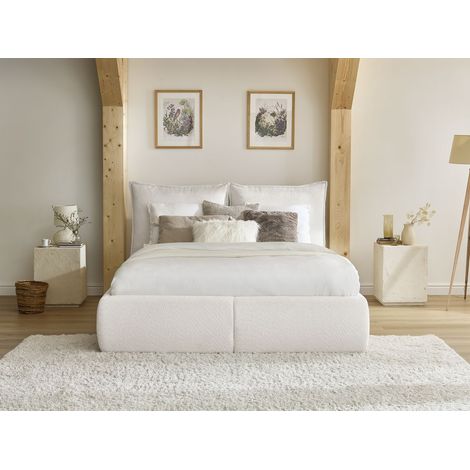 BOBOCHIC - Lit coffre GARANCE avec tête de lit effet oreiller tissu bouclette 140x190 Blanc (1/5)