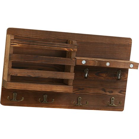 Porte-courrier mural grand format avec crochets pour clés, en bois massif, idéal pour l'entrée, le couloir, la cuisine ou le bureau. (1/5)