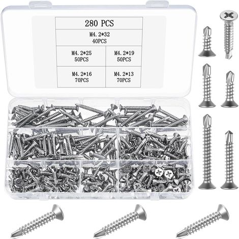 280 PcsVis Autoforeuse Metal, Vis Autoperforante,M4,2 Vis Autotaraudeuses à Tête Fraisée InoxVis Autoperceuses pour Bac Acier, Toiture de Tôles Ondulées, métalliques, plastique (1/5)