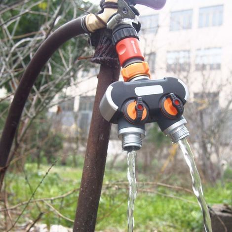 Wasserspender, Anschlussmöglichkeit für 2 Geräte am Wasserhahn, geeignet für Bewässerungsuhren und -programmierer, einstellbarer und arretierbarer Wasserdurchfluss (1/5)