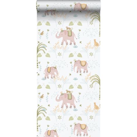 papier peint éléphants rose, vert et blanc - Sanders & Sanders (1/5)