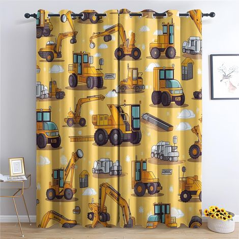Rideau Camion de Chantier - Rideau Occultant Thermiques Garçon Véhicules Excavatrice, Lot de 2 Rideaux à Oeillets pour Decoration Chambre Salon, Draperies Intérieurs Fenetre, 140x160 cm (LxH) - 2x L 1 (1/5)