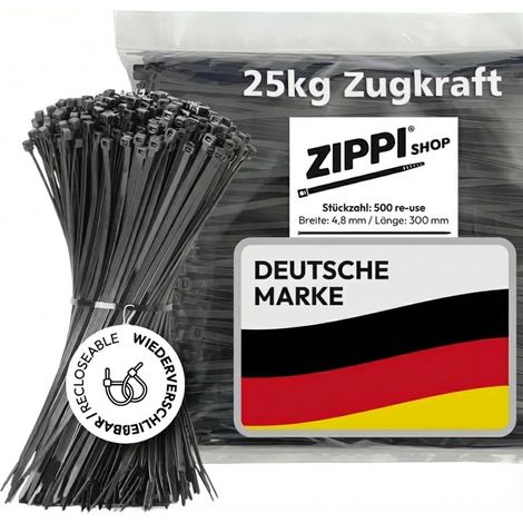 Lot de 500 serre-câbles refermables - 300 mm x 4,8 mm - Force de traction : 25 kg - Serre-câbles réutilisables - Amovibles et résistants aux UV - Installation électrique et gestion des câbles - Noir (1/5)