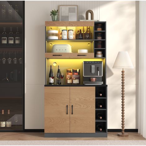 meuble rangement buffet cuisine LED 100x47x187 naturel OKMYHOME (1/5)