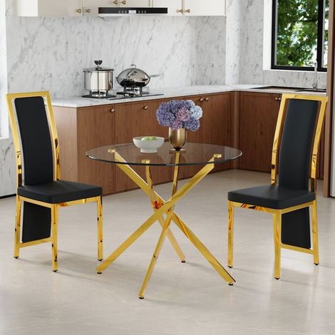 Table et Chaises de Salle à Manger 88 cm verre trempé cadre métallique doré en croix 2 chaises assise PU noires bord doré (1/5)