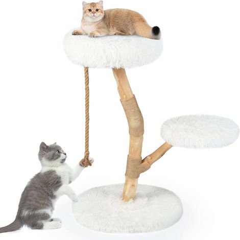 Arbre à chat blanc en bois massif à 3 niveaux avec perchoir et griffoirs en jute, pour salon, chambre et espace de vie (1/5)
