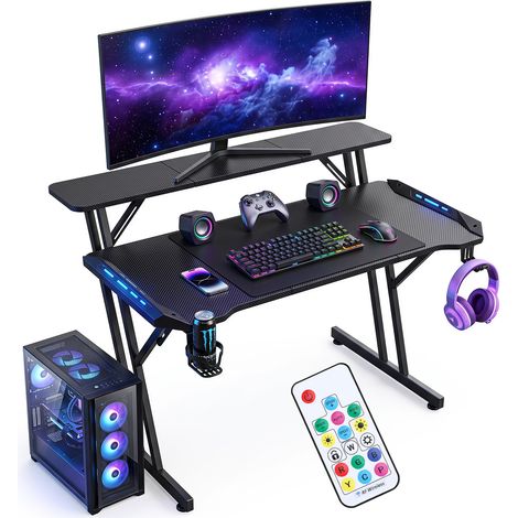 Jiubiaz Scrivania Gaming 120x60 cm a Z con ripiano e LED RGB, portabicchiere e supporto cuffie (1/3)