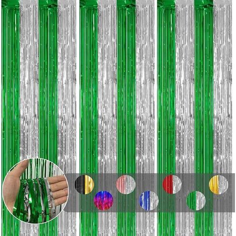 Ensemble de trois rideaux métalliques à pompons vert argenté, 1 mètre x 2 mètres, rideaux en feuille scintillante avec décorations étincelantes en feuille vert argenté. (1/5)