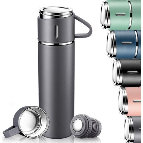 Bouteille Isotherme, Gourde Isotherme Etanche avec Tasse et Couvercle, sans BPA, Mug Isotherme 500ml en acier Inoxydable pour Café et Thé, Gourde Enfant Isotherme pour Randonnée, Ecole, Travail (Gris) (1/5)