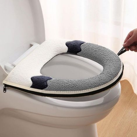 2pcs Housse de siège de toilette - Épaisse et douce Lavable avec poignée - Salle de bain - Gris bleu marine ovale (1/4)