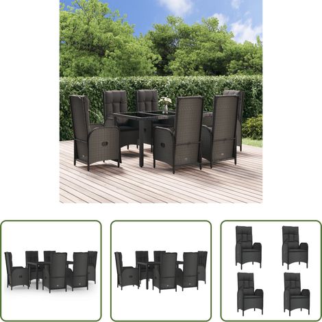 Gartentisch - 7-tlg. Garten-Essgruppe mit Kissen Schwarz Poly Rattan (1/5)