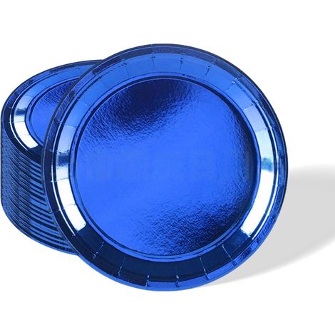 Lot de 10 assiettes rondes en carton bleu roi métallisé de 17,8 cm pour Noël, anniversaire, mariage, pique-nique, barbecue, bar, restaurant et décoration de table (1/4)