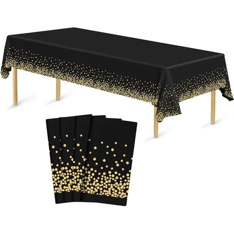 Lot de 4 nappes jetables rectangulaires en plastique 137 x 274 cm doré et noir pour fêtes intérieures ou extérieures, anniversaires, mariages, Noël, buffet (1/5)