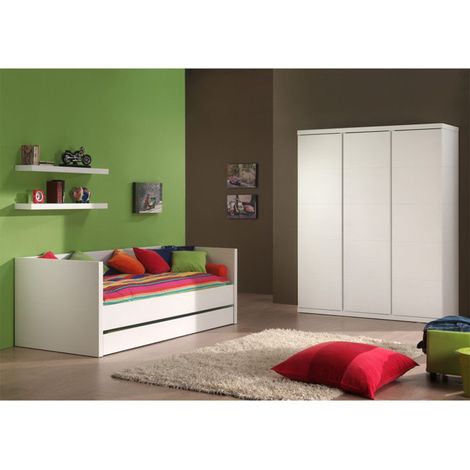 Pack - Lit Banquette Enfant, Tiroir, Armoire & Lot de 2 Étagères "Lara" Blanc (1/5)