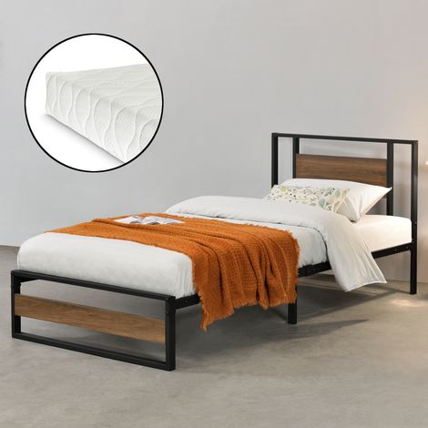 Cama Individual Villach con somier y colchón acero 90 x 200cm - Negro mate y Efecto nogal [en.casa] (1/5)