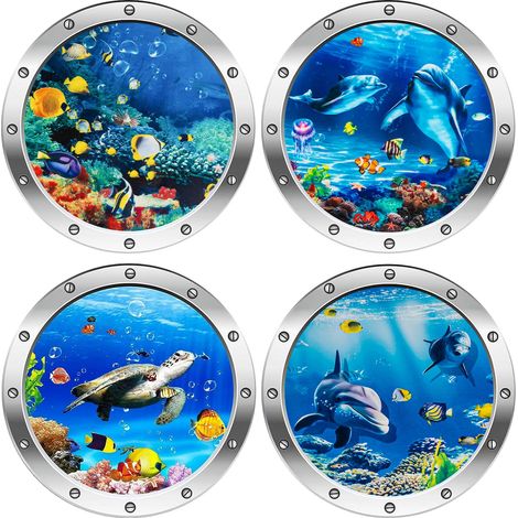 Stickers Muraux Monde Sous-Marin, Stickers Muraux Monde sous Marin 3D, Autocollants Muraux Mural Stickers Sous la Mer Poissons 3D Tropical Poisson Sticker pour Salon (4 Pcs) (1/5)