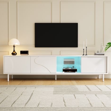 Meuble TV 180x40x45 cm en bois, métal et verre trempé blanc, avec rangement pour salon FloraGrace (1/5)