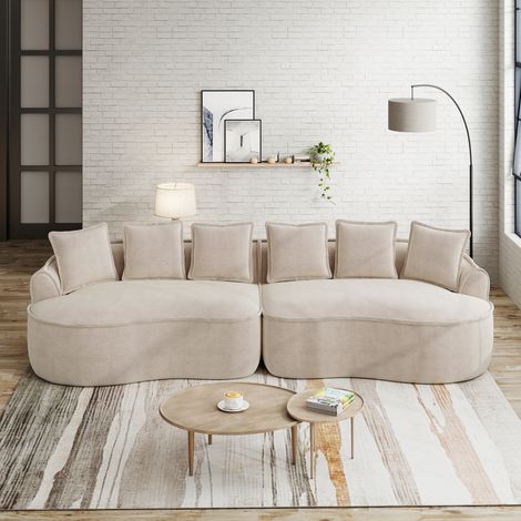 Canapé modulaire 4 places gris clair, tissu velours côtelé confortable, assises larges et profondes, coussins fournis, sans cadre, montage facile, grand salon