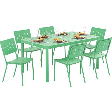 Salon de jardin extérieur vert avec table à plateau à lattes 150 cm, 6 chaises et structure en acier antirouille (1/5)