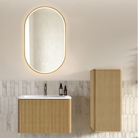 Mobile bagno 60 cm con lavabo, specchio LED e mobile laterale rovere HAVRYA (1/5)