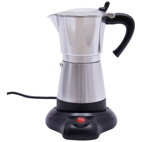 Cafetière Électrique Italienne avec Base, Pour 6 Tasses à Espresso, 300 ml, 480 Watts, Alliage d'aluminium, Rotation à 360°, 10.2 x 19.5cm (Argent) (1/5)