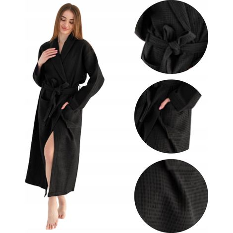 Langer Waffelpiqué-Bademantel für Damen mit Taschen, 100 % Baumwolle, schnelltrocknend, schwarz, Größe M (1/5)