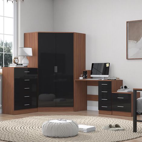 Reflect 2 Door Corner Wardrobe, 5 Drawer Chest, 2 Drawer Bedside & Desk - Black Gloss & Walnut - Bedroom Furniture Set (1/5)