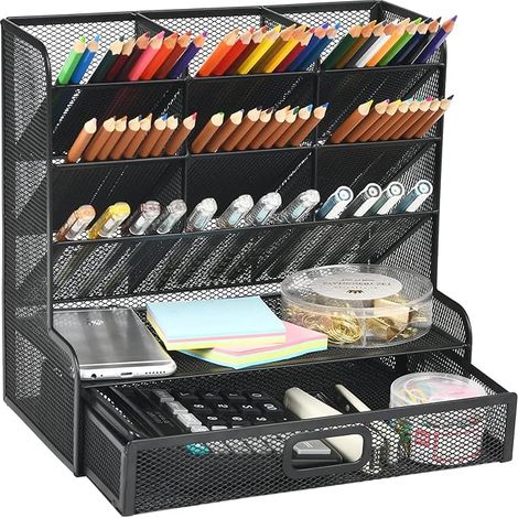 Mesh-Schreibtisch-Organizer,Multifunktionaler Stifethalter,Stifte-Organizer für Schreibtisch, Aufbewahrungsregal für Schule,Heimbüro,Kunstbedarf (Schwarzer Stifthalter mit Schublade) (1/5)