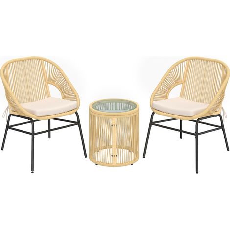 Set 3 Pezzi da Pranzo Bistrò con 2 Sedie Tavolo Rotondo con Piano in Vetro Temperato in Rattan e Acciaio Beige (1/5)