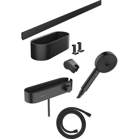 Hansgrohe – Colonne de douche thermostatique encastrée – Pack mitigeur noir mat avec douchette 3 jets – Installation murale – Fonction safety stop à 40°C (1/10)