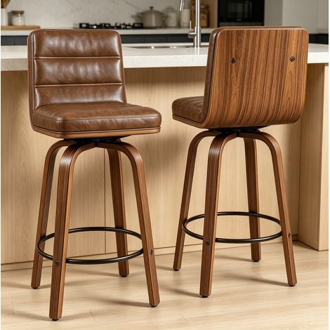 MEUBLIV Tabouret de bar pivotant marron rouge avec assise en PU et pieds en bois (1/5)
