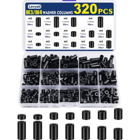 Packung mit 320 schwarzen M3 M4 ABS-Distanzhülsen, Kunststoff-Distanzstücke ohne Gewinde, Säulen-Distanzhülsen, Unterlegscheiben, Nylon-Unterlegscheiben, Gewindehülsen (1/5)
