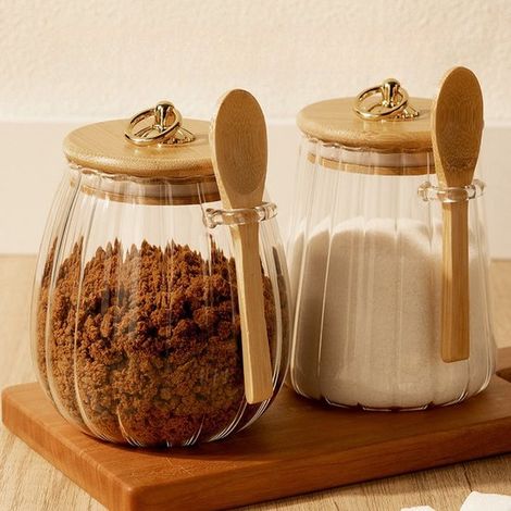 Lot de 2 sucriers en verre, 600 ml, avec cuillère  Sucrier avec couvercle et joint d'étanchéité, idéal pour le sucre, le sel et les épices, avec un porte-cuillère pour le petit-déjeuner, la cuisine et (1/2)