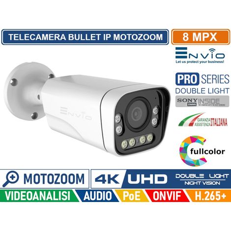TELECAMERA BULLET MOTOZOOM 4X IP DOUBLE LIGHT 8M SONY STARVIS POE ONVIF H.265+ VISIONE NOTTURNA A COLORI/BIANCO E NERO/A COLORI SU ALLARME 40 METRI ANALISI VIDEO (1/2)