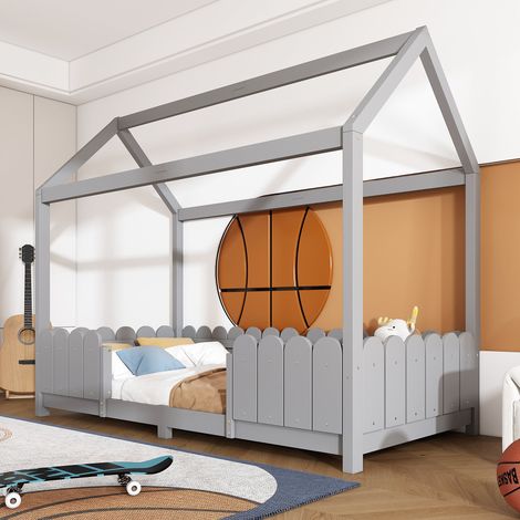 Lit cabane 90x200 cm en bois gris, lit enfant avec barrières de sécurité et sommier à lattes inclus, sans matelas (1/5)