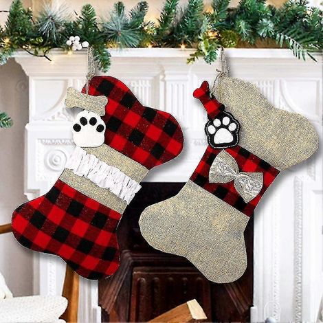 2 Stück Weihnachtsstrümpfe für Hunde, karierte Jutestrümpfe in Knochenform, klassische Hängestrümpfe für die Weihnachtsdekoration (1/5)