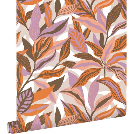 papier peint feuilles tropicales orange, violet et rose - ESTAhome (1/5)