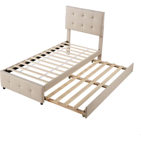 Cama infantil tapizada 90x200 cm con cama nido, cabecero regulable, lino beige MODENUIT (1/5)