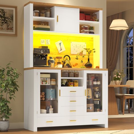 Buffet de cuisine 120x40x188 LED MDF blanc bois OKMYHOME