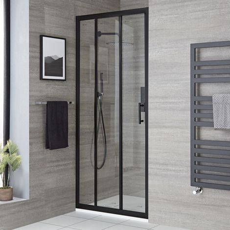 Milano Nero - Black Reversible Walk In Wet Room Triple Sliding Door Shower Enclosure with White Slate Effect Tray and Fast Flow Waste - 800mm x 1500mm (1/5)