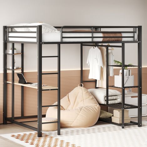 MEUBLIV Lit mezzanine 140x200 cm noir – avec bureau et rangement, sans matelas (1/5)
