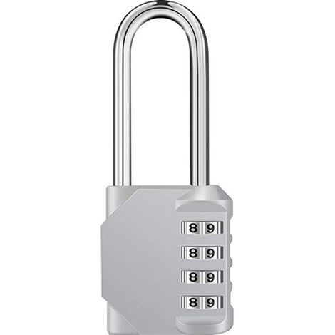 Cadenas code anse longue exterieur pour portail, abri de jardin, 4 chiffres grande Cadena a combinaison long pour casier vestiaire sport, college, scolaire, Serrure Combinée argenté (1/5)