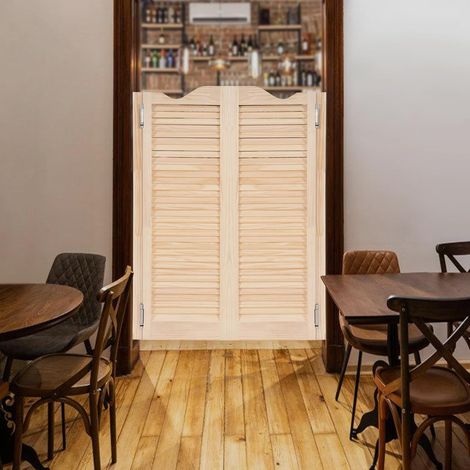 Paire de portes battantes 107 x 81 cm, couleur bois, porte battante incurvée avec rainures réservées, bois de pin avec charnières, kit de ferrure, facile à monter pour café, couloir, cuisine et (1/5)