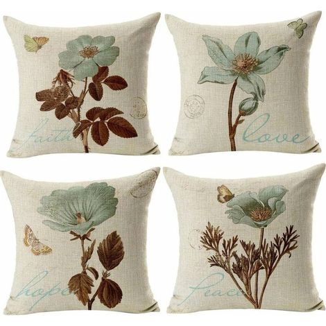 Taie d'oreiller, Lot de 4 en Coton et Lin Housse De Coussin carré pour Lit Voiture De La Maison Canapé 45 x 45 cm (Papillon & Fleur Rétro) Guazhuni (1/5)
