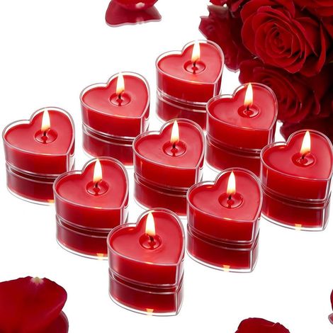 9x Herzförmige Duft-Teelichter Rot, Rosenduft, Romantik Deko