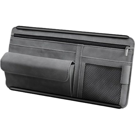 Borsa portaoggetti per aletta parasole auto, custodia in pelle per occhiali da sole da auto, borsa portaoggetti multifunzionale per auto, accessori per interni (grigio) (1/3)