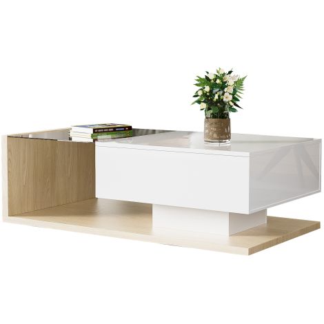 Table basse alliant blanc haute brillance et tons bois. Tables d'appoint et tables basses intégrant du verre et des effets d'éclairage LED. (1/5)