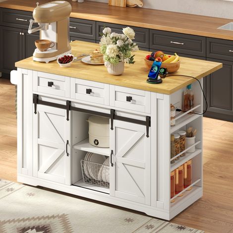 Îlot de cuisine mobile 130x50/80x87 cm, table pliante avec rangements, 3 tiroirs, portes coulissantes, prises, étagère, MDF, blanc et bois (1/5)