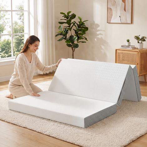 Matelas Pliant en 3 Parties, 140x190x15cm, Matelas d'Appoint en Mousse à Mémoire de Forme au Gel, Blanc (1/5)